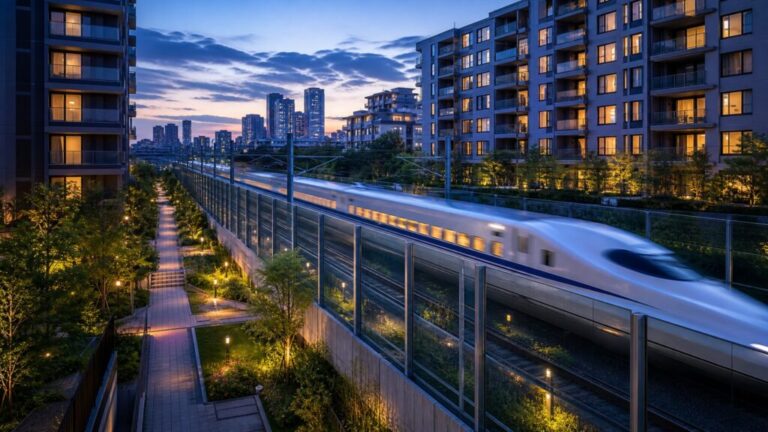 新幹線の線路と住宅街を隔てる防音壁の風景