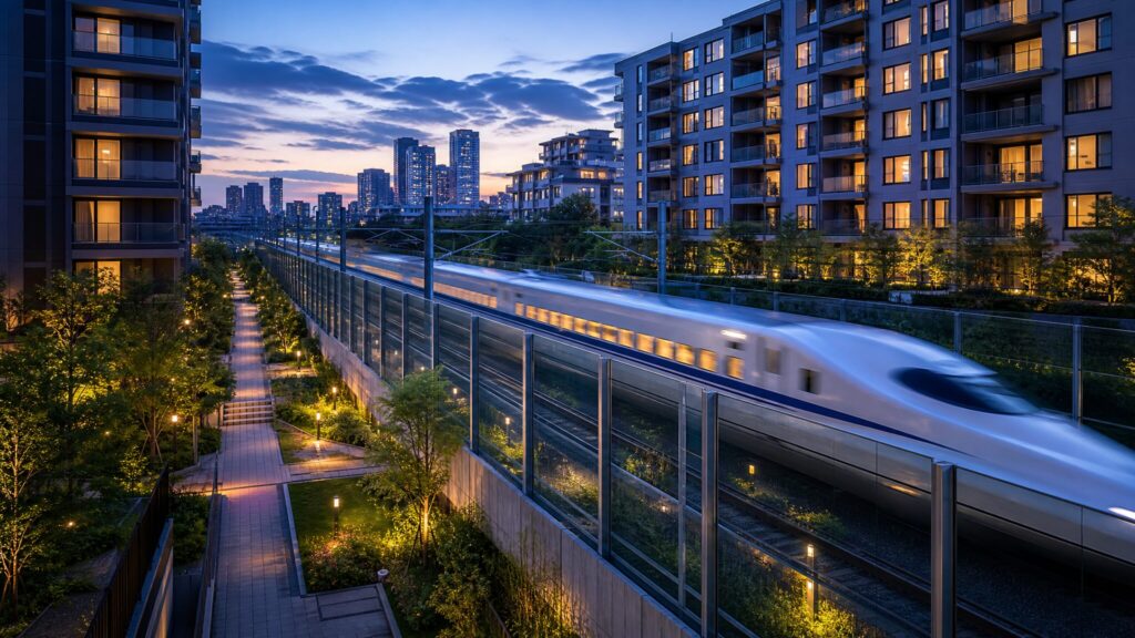 新幹線の線路と住宅街を隔てる防音壁の風景