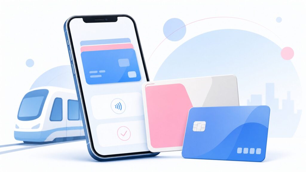 PASMOとクレジットカード、スマートフォンが並んだデジタル決済のイメージ画像