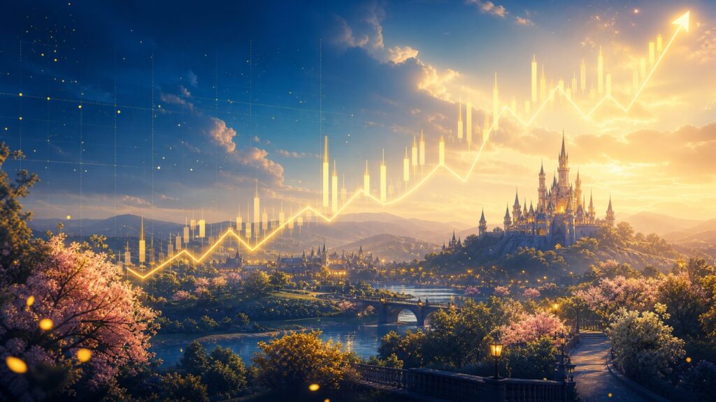 東京ディズニーシーのファンタジースプリングスを象徴する幻想的な雰囲気と、右肩上がりの株価チャートが融合したビジネス・投資イメージの画像。