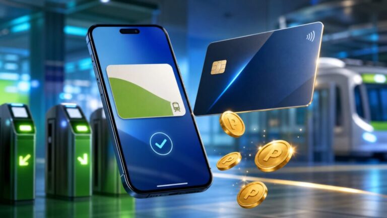 スマートフォンとクレジットカード、舞い上がるポイントをイメージしたグラフィック