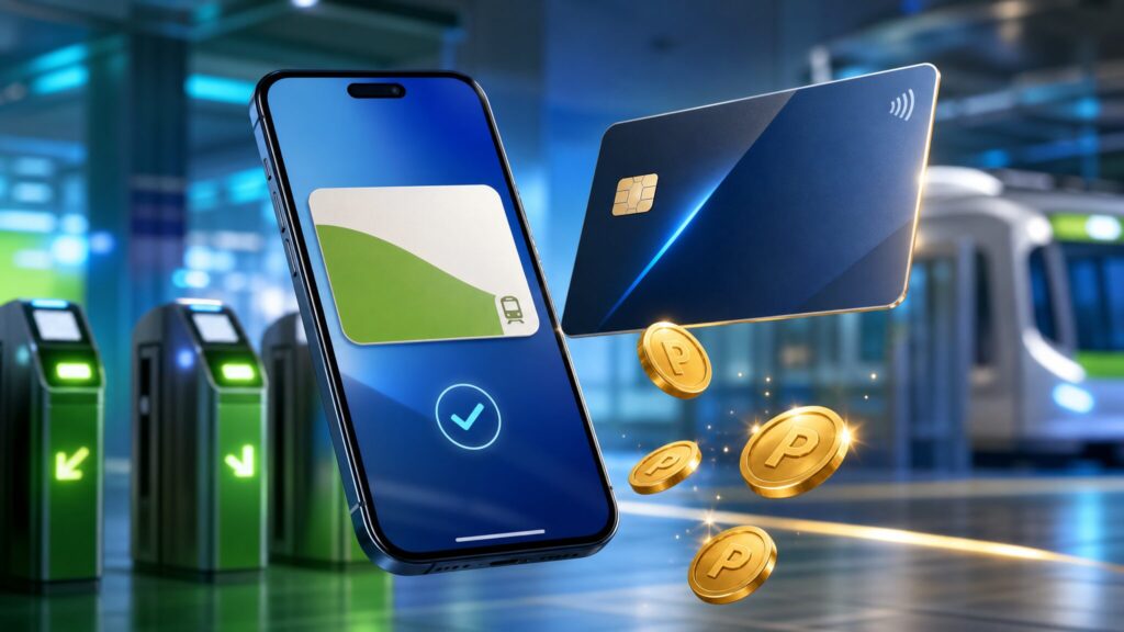 スマートフォンとクレジットカード、舞い上がるポイントをイメージしたグラフィック
