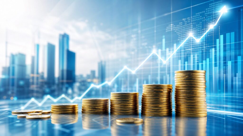 みずほフィナンシャルグループのロゴカラーをイメージした青を基調に、上昇する株価チャートと配当金を象徴する金のコインが描かれたビジュアル。