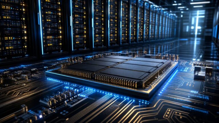 AIデータセンターのサーバーラックと光り輝く半導体チップのイメージ図