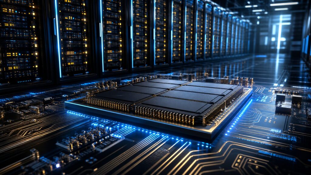 AIデータセンターのサーバーラックと光り輝く半導体チップのイメージ図