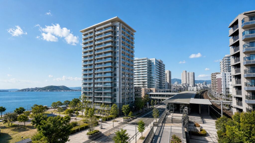 都心の高層ビル群を背景に、モダンなマンションと駅舎が融合した大森海岸駅周辺の風景