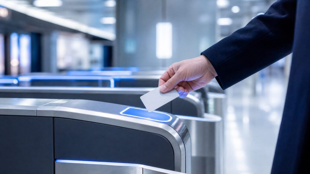 駅の改札機に設置された専用リーダーにクレジットカードをかざしてタッチ決済を行う様子