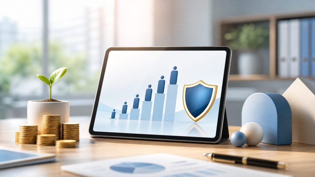 A clean, modern workspace featuring a glowing digital tablet displaying financial growth charts and a shield icon, symbolizing long-term pension security and trust.
