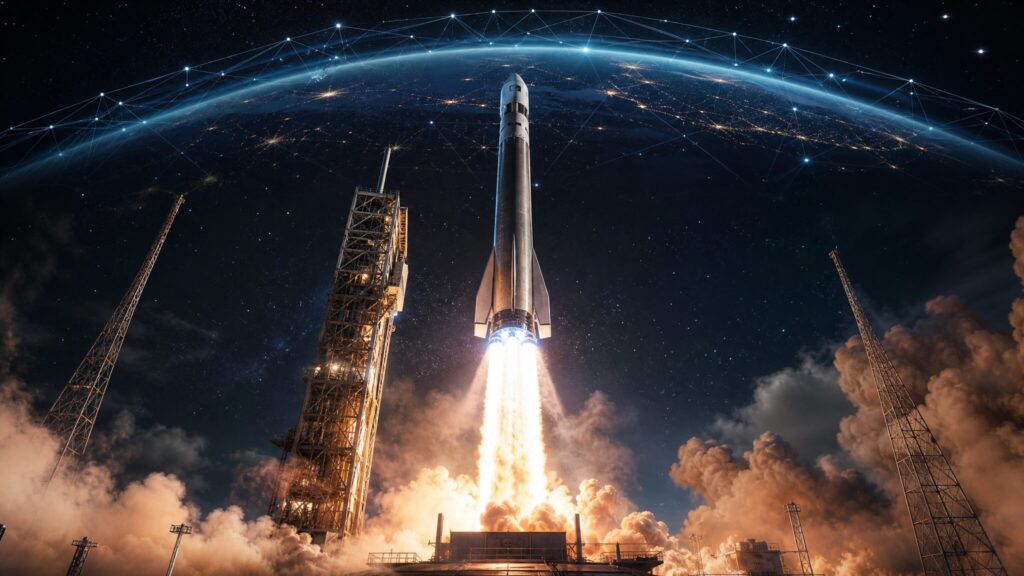 SpaceXのロケットが夜空へ向かって打ち上げられる幻想的なイメージ図