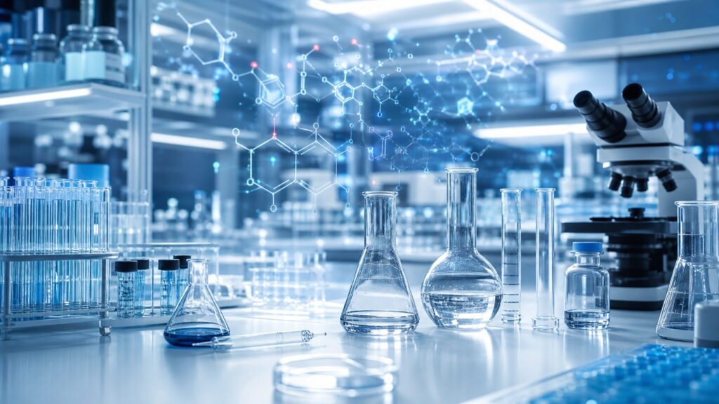 医薬品の化学合成プロセスと高度な品質管理を象徴する、クリーンで科学的な研究室のイメージ