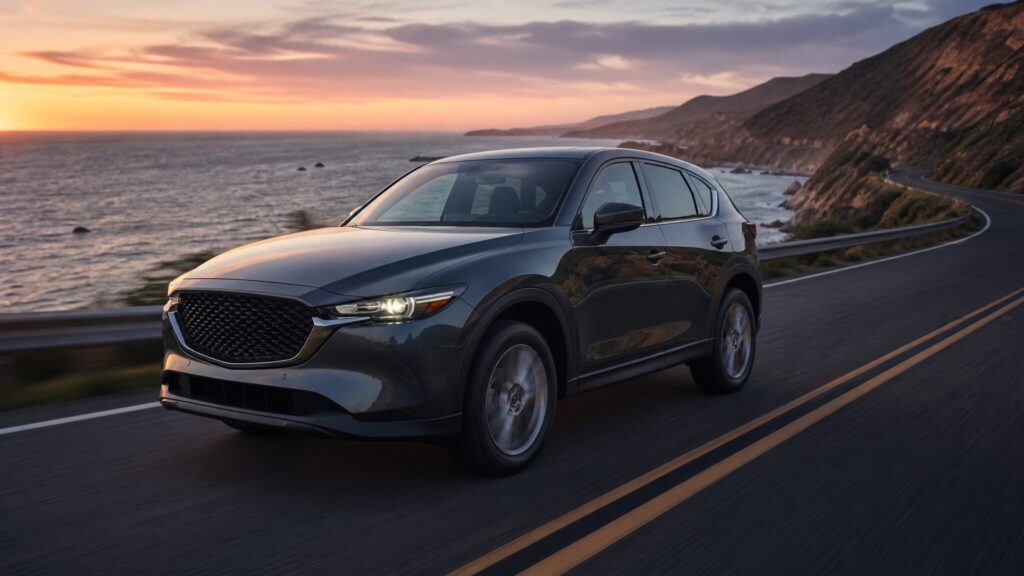 A sleek dark grey Mazda CX-5 driving on a scenic coastal road during sunset, highlighting its Kodo design.
