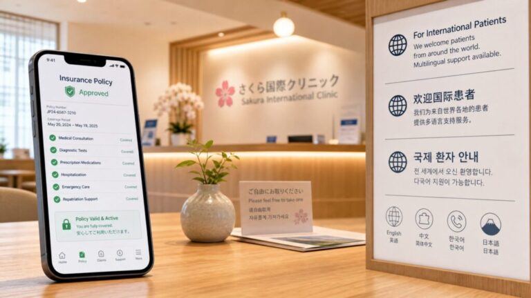 A medical clinic in Japan with a smartphone showing an insurance policy app and multilingual support signs.
