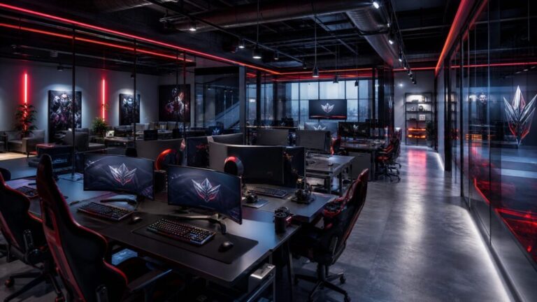 Crazy Raccoonのロゴをイメージした近未来的なeスポーツオフィスの風景。ゲーミングPCが並び、プロフェッショナルな雰囲気が漂う。