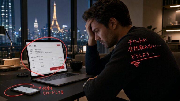 海外のカフェでノートパソコンを開き、日本のチケットサイトの認証画面に困惑する人物の様子