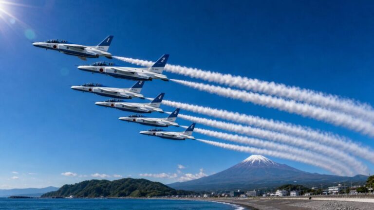 青空を背景に白いスモークを描きながら飛行するブルーインパルスの展示飛行の様子