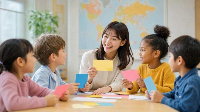 日本の学校の教室で、日本人女性教師と多様な国籍の子供たちが笑顔で日本語を学んでいる温かい雰囲気のイラスト。教材や世界地図が背景に見える。