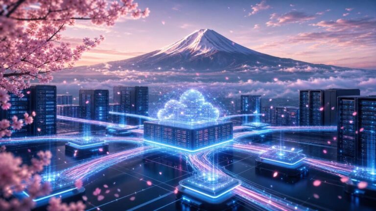 さくらインターネットのAIインフラとクラウド技術を象徴するフューチャリスティックな青とピンクのグラフィックイメージ