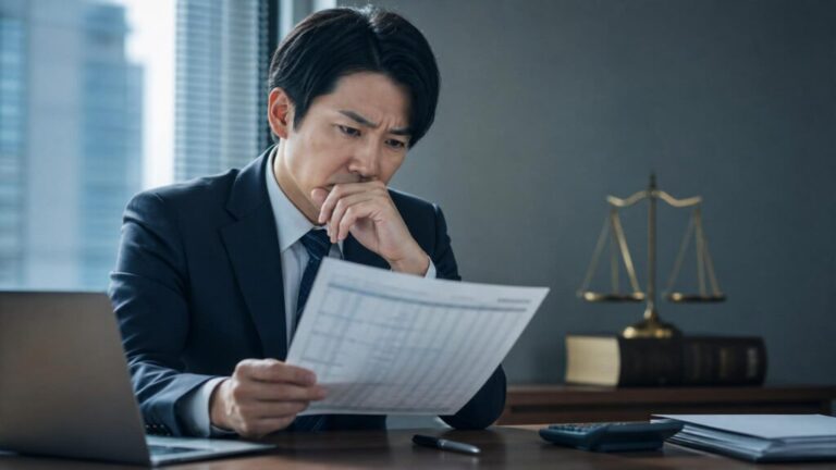 給与明細を見て驚く会社員と法的な天秤のイメージ。同意なしの減給に関する法的問題を象徴しています。