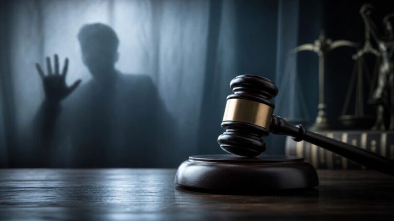 裁判官の木槌と背後に潜む嘘を象徴するシルエットのイメージ画像