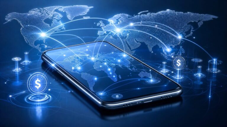 楽天銀行の海外送金サービスをイメージしたスマートフォンと世界地図のデジタルグラフィック