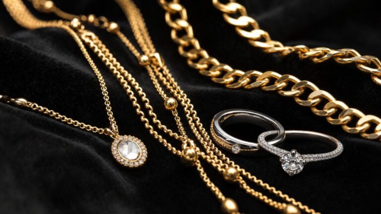 高級感のある金色のジュエリーとプラチナリングが並んだラグジュアリーなイメージ画像