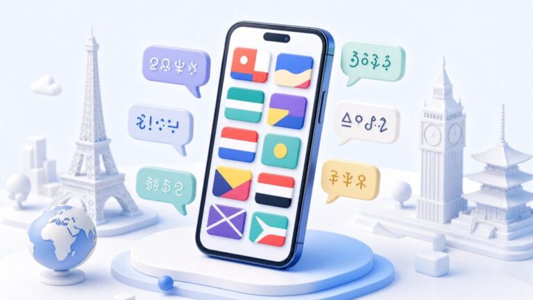 多言語が飛び交うスマートフォンと世界各国のランドマークが描かれたアイキャッチ画像