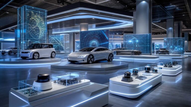 人とくるまのテクノロジー展 2026の近未来的な展示会場の様子。最新のコンセプトカーやAI技術のディスプレイが並んでいる。