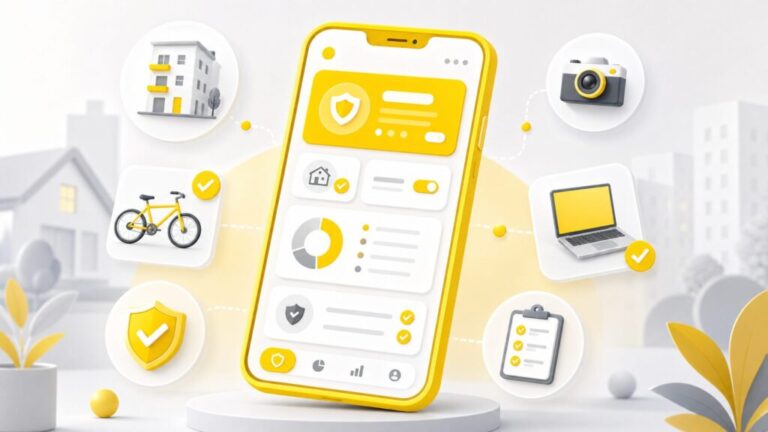 Lemonadeのスマホアプリと家や自転車のアイコンが描かれた、モダンでデジタイズされた保険のイメージ画像