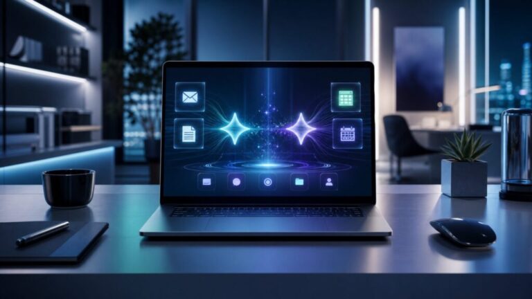 Gemini AdvancedとGoogle Workspace連携をイメージした未来的なAIワークスペース画像