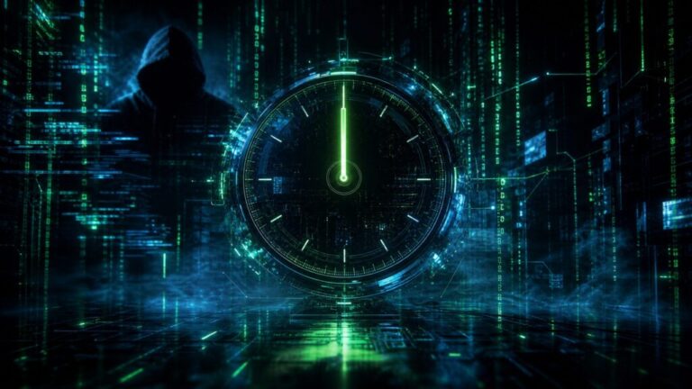 時計の針が0を指し、デジタル空間に亀裂が入っているサイバーセキュリティのイメージ画像