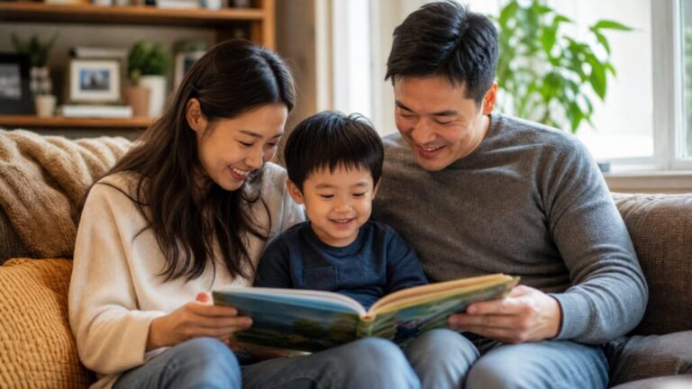 A family smiling and reading together in a cozy living room, illustrating parental support for exams