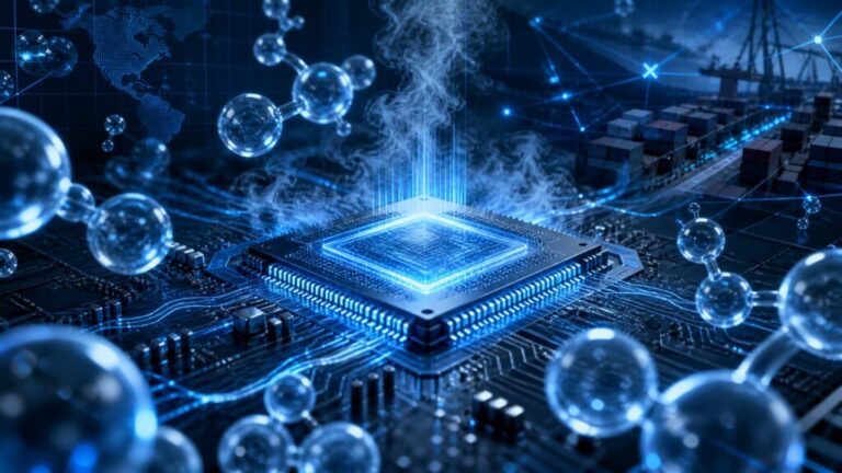 Futuristic semiconductor microchip cooling down with transparent blue helium gas bubbles, representing the crucial supply chain relationship.