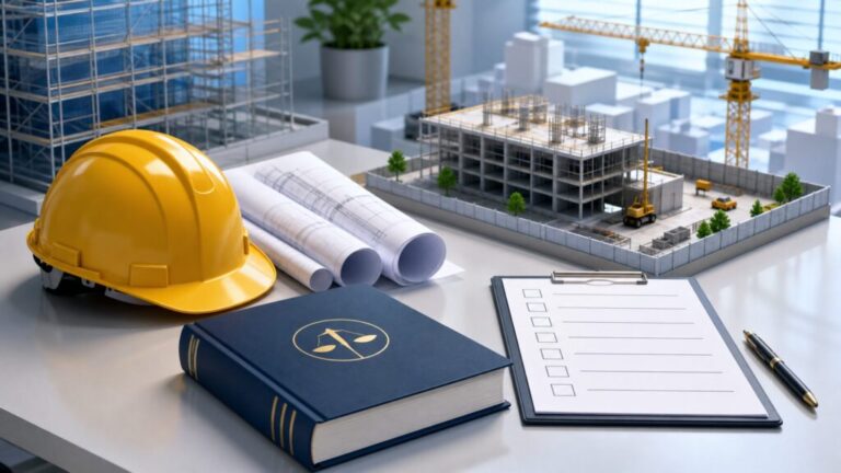 ヘルメット、設計図面、法律書、ミニチュアの建設現場が並んだ、建設業法遵守をイメージする3Dイラスト