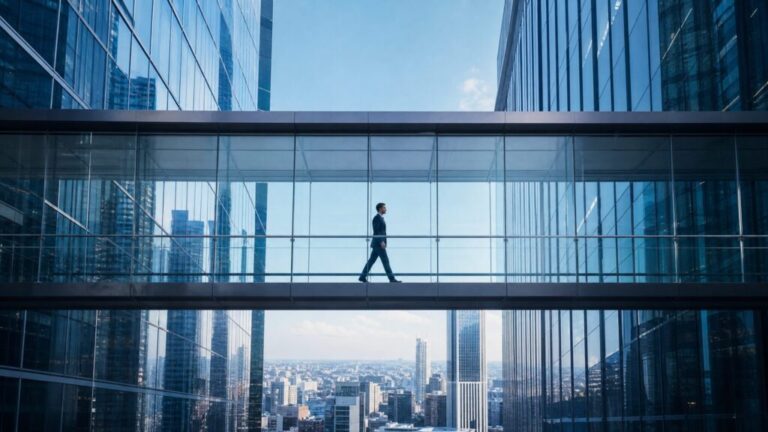 An office worker taking a bold step forward onto a modern bridge connecting two skyscrapers, symbolizing a strategic job change.