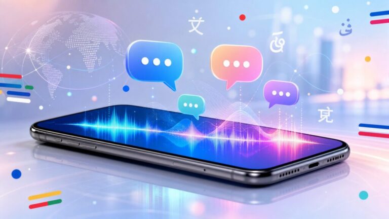 A smartphone displaying real-time language translation with colorful glowing waves and language icons