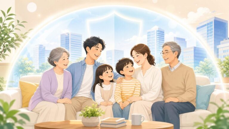 温かい光のシールドに守られた家族と、信頼性の高い生命保険会社をイメージしたイラスト