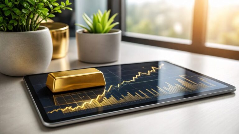 Gold bar on top of tablet showing financial stock charts