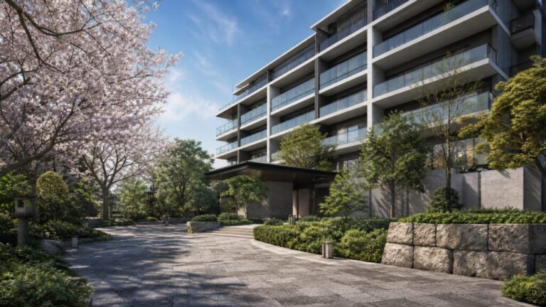 東京都文京区の緑豊かで治安の良い住宅街に建つ、高級感のある中古マンションの外観イメージ