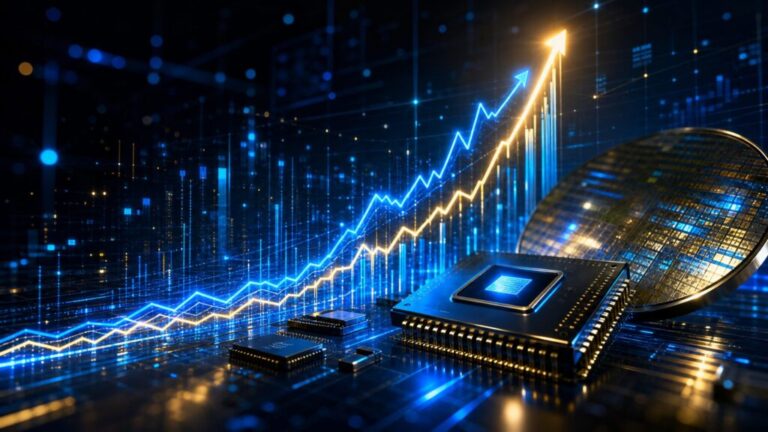 急上昇する株価チャートと、黄金色に輝く半導体マイクロチップのデジタルイラスト