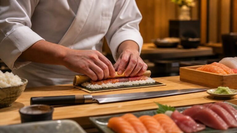 木製カウンターで真剣に寿司を握るプロの職人