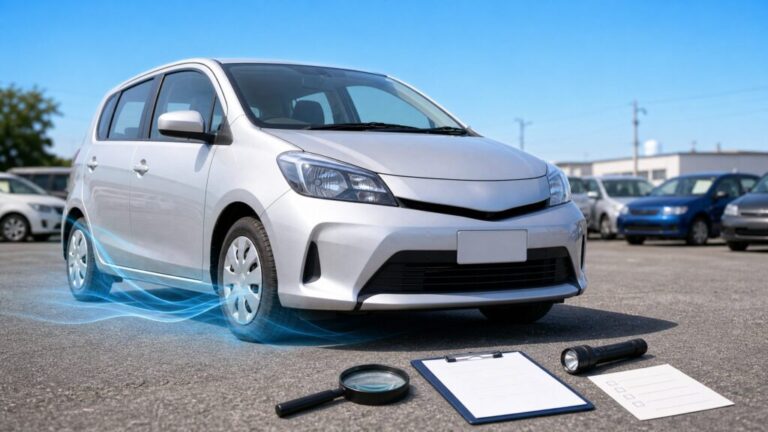 中古車販売店に並ぶ車と、水没車を見分けるためのプロの点検ポイントをイメージしたイラスト