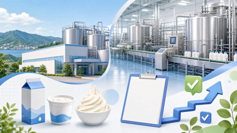 広島森永乳業の工場や働く人々のクリーンなイラスト