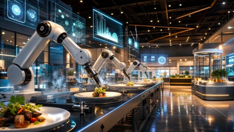 Futuristic food processing technology showing robotic arms and holographic displays inside a modern exhibition hall.