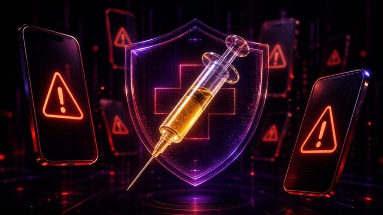 美容医療の危険性とインフルエンサーの影響力を象徴する、注射器とスマートフォンが描かれた3Dグラフィック画像