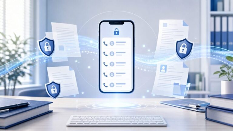 A glowing holographic smartphone displaying secured call logs and padlocks, illustrating personal information disclosure and privacy