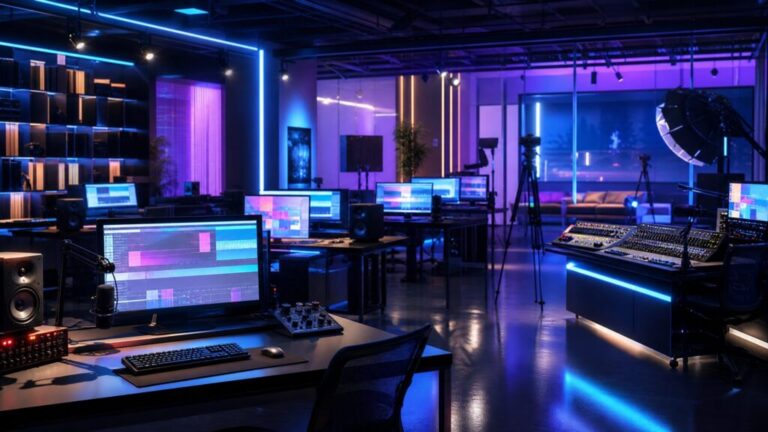 A dynamic and modern digital arts classroom showcasing advanced soundboards and editing screens with glowing lights.