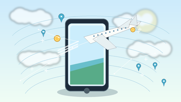 スマートフォンの画面から飛行機が飛び立ち旅行やマイル特典を連想させるイメージ