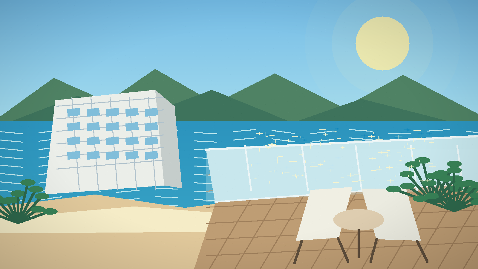 A luxury resort condominium in Atami overlooking the beautiful blue ocean under clear blue sky.