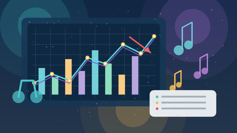 HYBE株価の変動と音楽ビジネスをイメージした抽象的な株価チャートのイラスト