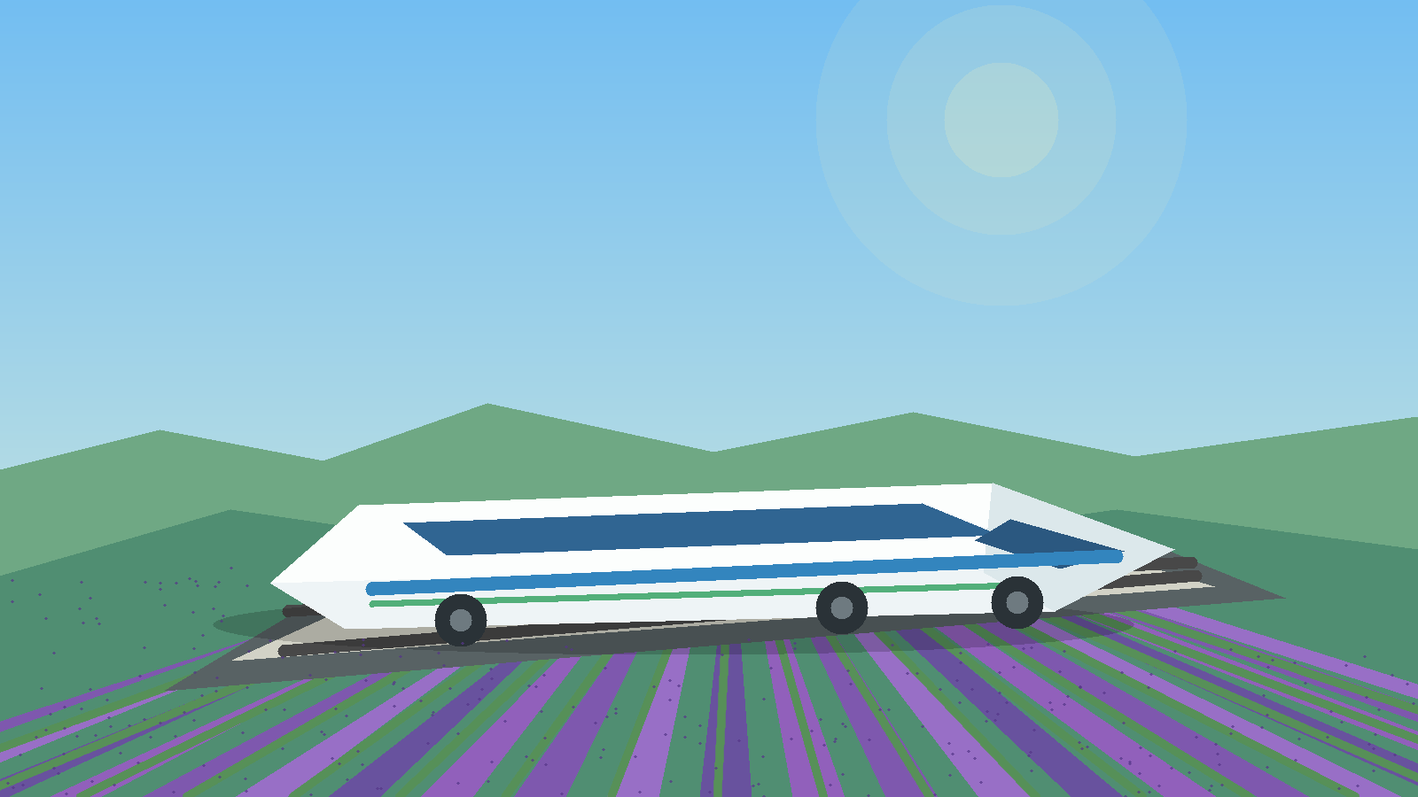 A French high-speed train passing through scenic countryside and lavender fields